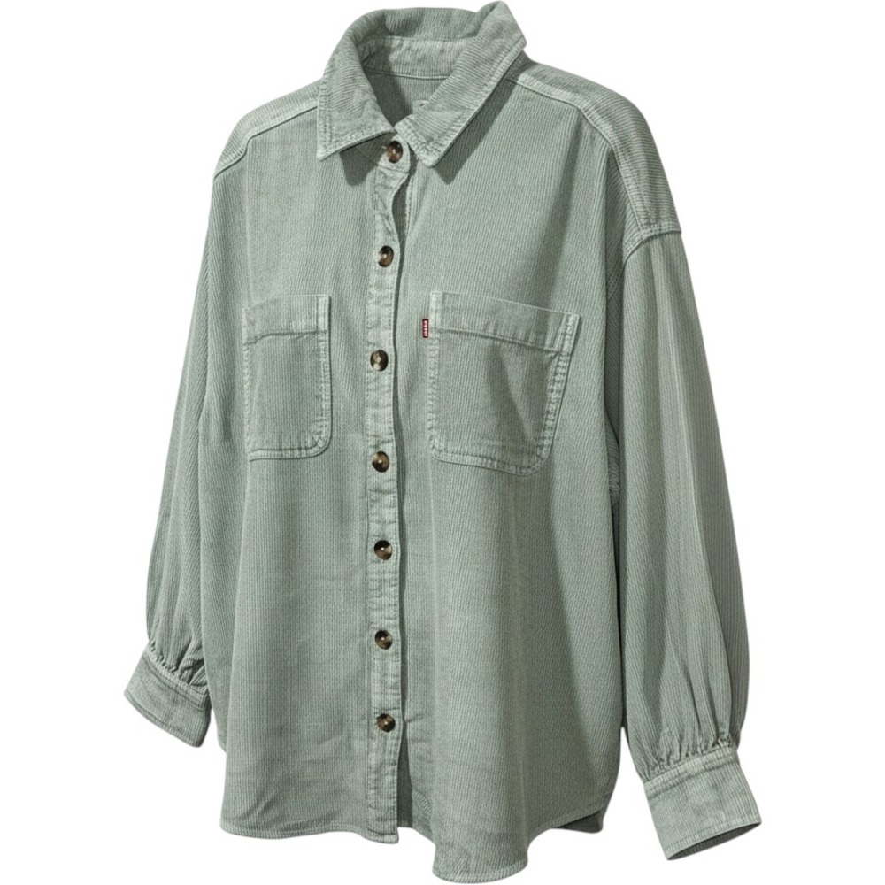 Levis Womens Corduroy Button Down Shirt Green Moss Medium Long Sleeve Top
